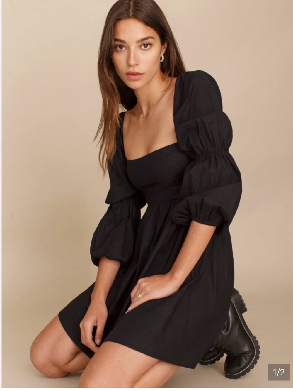 Reformation Black Puff-Sleeve Square-Neck Mini Dress